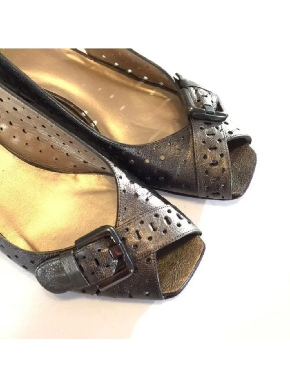 Stuart Weitzman Womens Gray Perforated Leather Wedge Heels Slingback size 6.5